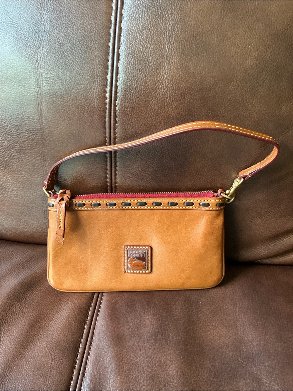 Tan Leather Wristlet with Contrast Trim